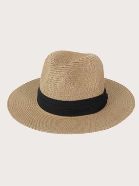 Classic Straw Fedora Hat with Black Band - Tan